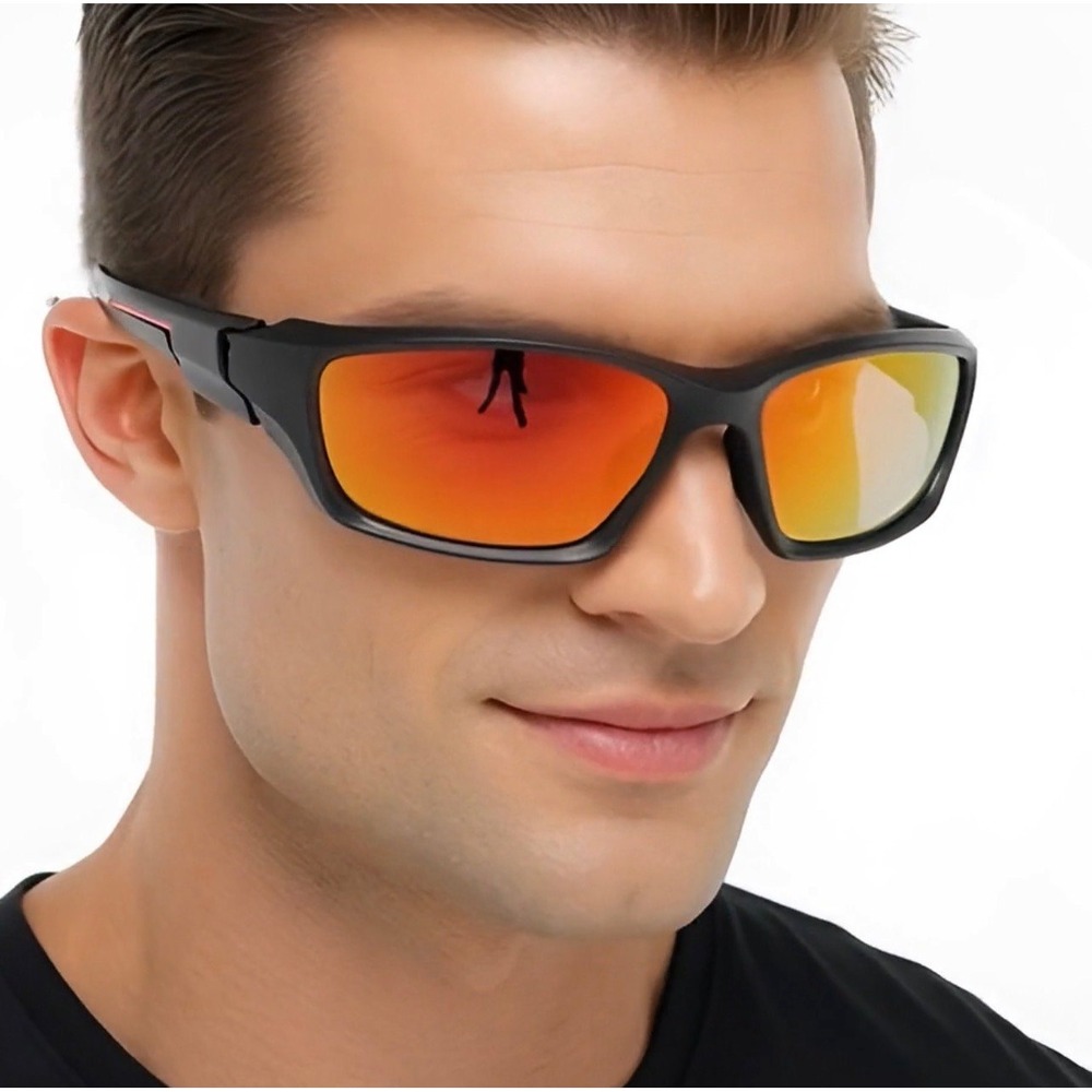 Sport performance sunglasses featuring a sleek matte black frame Fire Red Lens‎